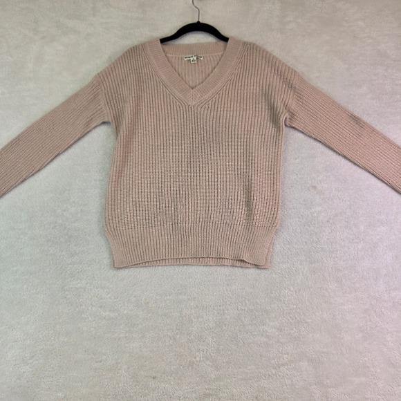 Moral Fiber Sweaters - Moral Fiber Womens Blush Pink Metallic Shimmer V-Neck Ribbed Knit Sweater Small